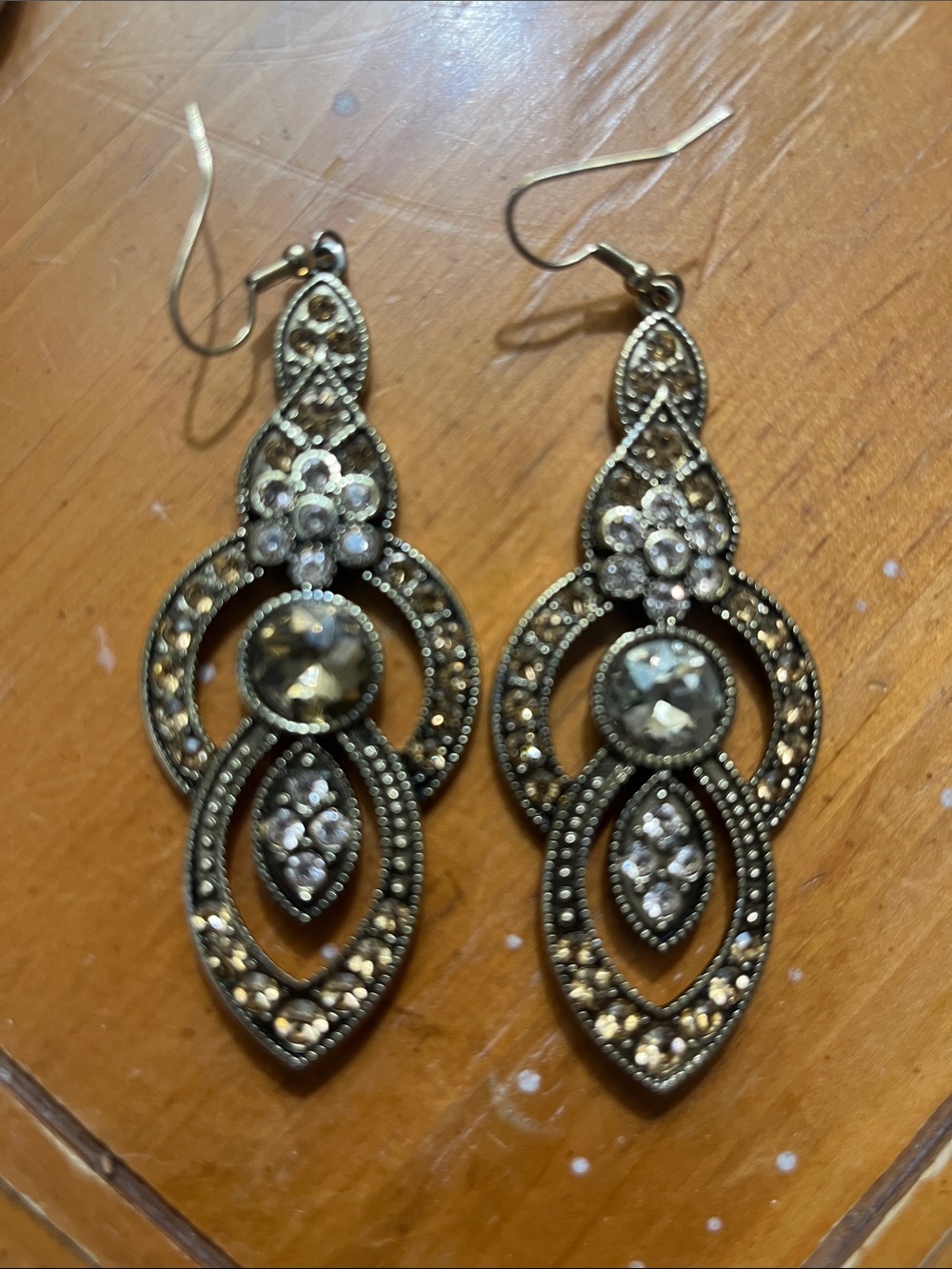 Gold-Tone Clear and Champagne Crystal Filigree Drop Earrings - Vintage